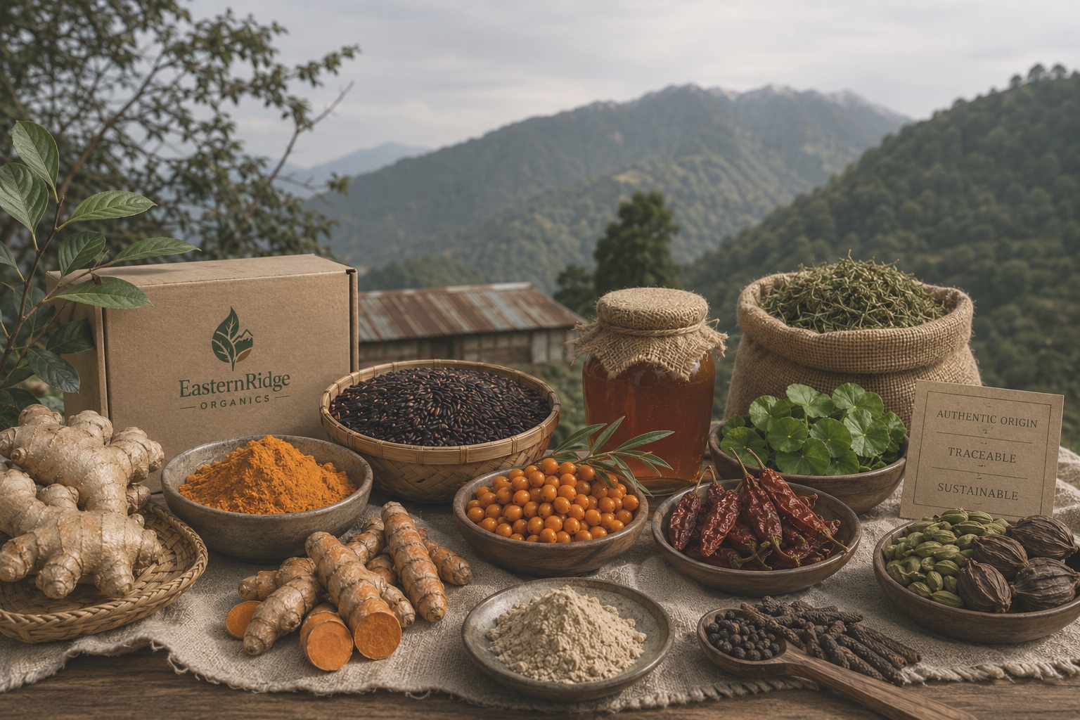 EasternRidge Organics superfoods, spices and botanicals with the hills of Northeast India in the background